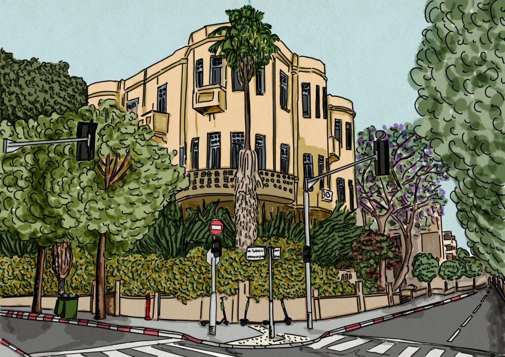 איור דיגיטלי בניין עם עץ דקל וושינגטוני בחזית